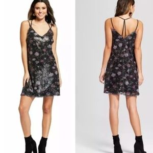 Xhilaration Black Purple Floral Sequin Sparkle Party Slip mini glam Dress size S